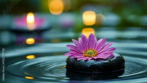 Pink lotus flower on smooth stone surrounded by rippling water and soft candlelight glow