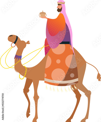 Crowned traveler is riding camel and holding golden vessel in flat vector art, transparent backdrop