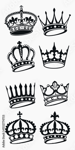 Collection of Eight Black and White Crown Illustrations with Various Designs Including Fleur de Lis Crosses and Beaded Accents on a Clean White Background