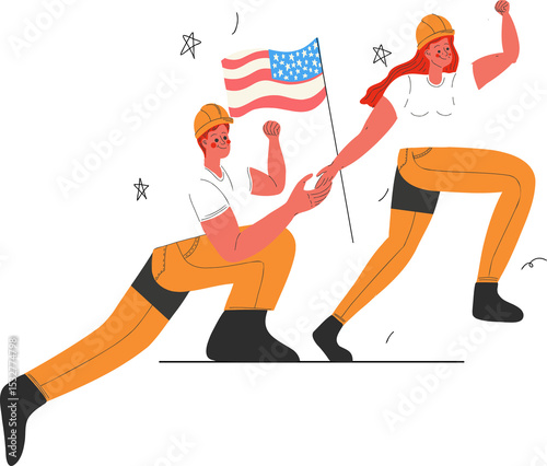 Cartoon construction duo are posing in flat design with helmets, boots and flag on transparent bg