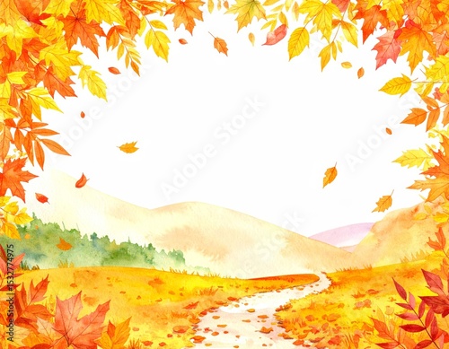 A vibrant watercolor autumn landscape, pathway through colorful falling leaves scenic