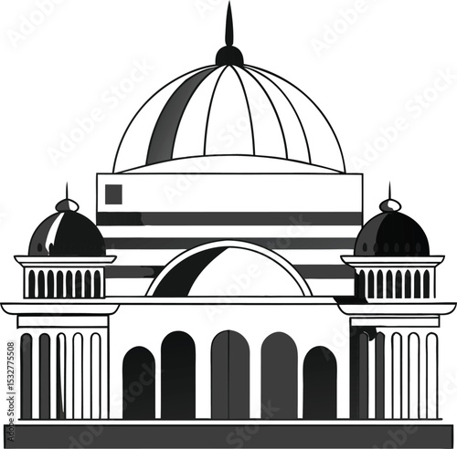 A collection of stylized illustrations featuring architectural domes and buildings, rendered with clean lines and a minimalist aesthetic
