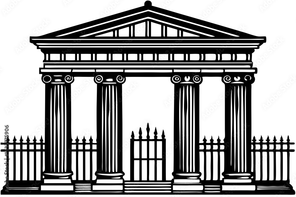 Obraz premium Classical Architecture Majestic Temple Gate with Ionic Columns and Ornate Fence