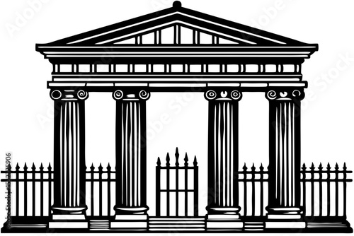 Classical Architecture Majestic Temple Gate with Ionic Columns and Ornate Fence