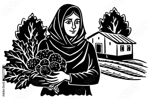 Woman in headscarf harvesting berries near a farmhouse
