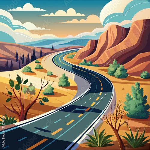 Scenic Desert Highway Landscape: A Curving Road Amidst the Arid Terrain with Rolling Hills, Sparse Vegetation, and Distant Mountains Under a Bright Cloudy Sky at Sunrise