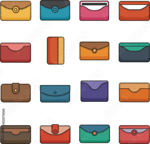 Vibrant vector illustrations of diverse card holders in various colors and styles, perfect for finance, fashion, and accessory graphic designs.