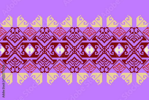 Pixel art ethnic, Pattern fabric pixel, design for background, clothing, decorative, drapery, cloth embroidery, geometric pixel art, handcraft, wallpaper, carpet, bag, card, cushions, Print, ethnic