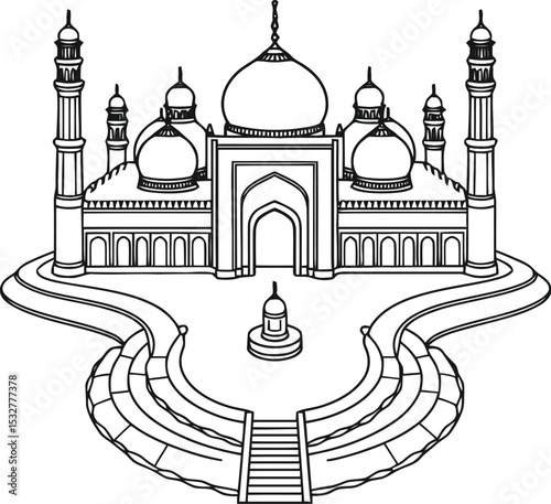 Jama Masjid Delhi Line Art Illustration, Detailed Black and White Drawing of Famous Indian Mosque with Domes, Minarets, Arches and Islamic Mughal Architecture