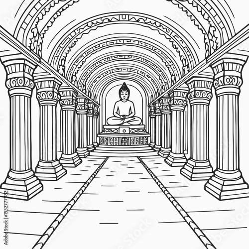 Ajanta and Ellora Caves Line Art Illustration, Black and White Drawing of Ancient Rock-Cut Temples, Sculptures, Buddhist and Hindu Monuments in India