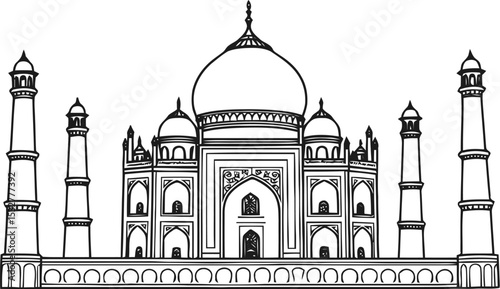 Taj Mahal Line Art Illustration, Detailed Black and White Drawing of Famous Indian Monument with Dome, Minarets and Mughal Architecture on White Background