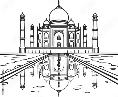Taj Mahal Line Art Illustration, Detailed Black and White Drawing of Famous Indian Monument with Dome, Minarets and Mughal Architecture on White Background