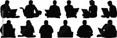 Vector silhouette illustrations of business people walking and standing, including men, women, and a boy, in various black shapes