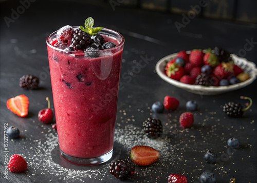 Berry Bliss: A vibrant and refreshing berry smoothie, a delightful visual celebration of nature's finest flavors, garnished with mint, surrounded by fresh mixed berries