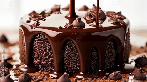 Delicious homemade chocolate cake being decorated with rich chocolate ganache and chocolate chips in a cozy kitchen