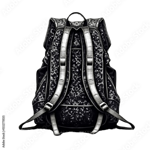 Detailed hand-drawn design of a black backpack for travel and outdoor use

