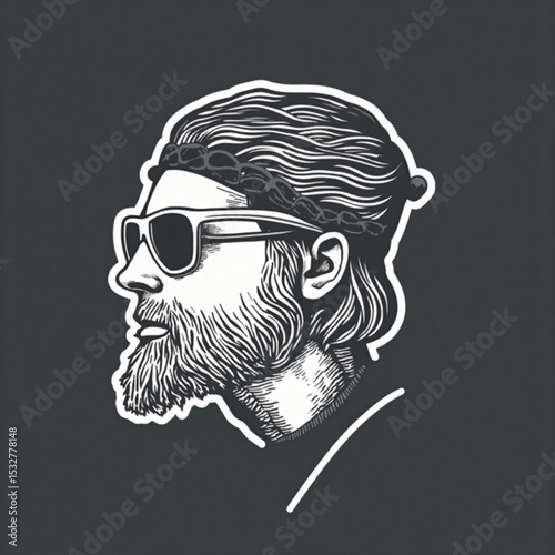Stylized illustration of a bearded man with sunglasses and headband