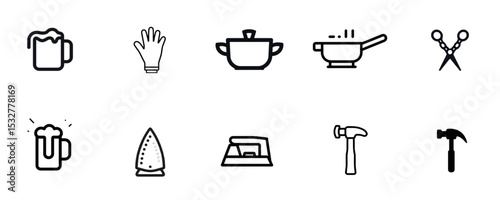 Collection of household and craft icons including beer, gloves, cooking utensils, and tools

