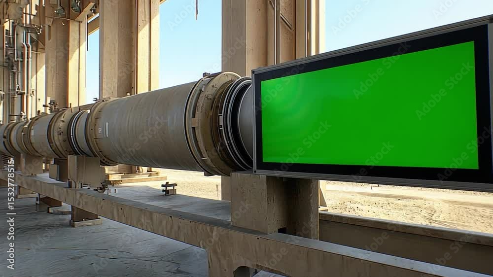 Industrial Green Signal Light on Equipment in Warehouse with Clear Sky Background