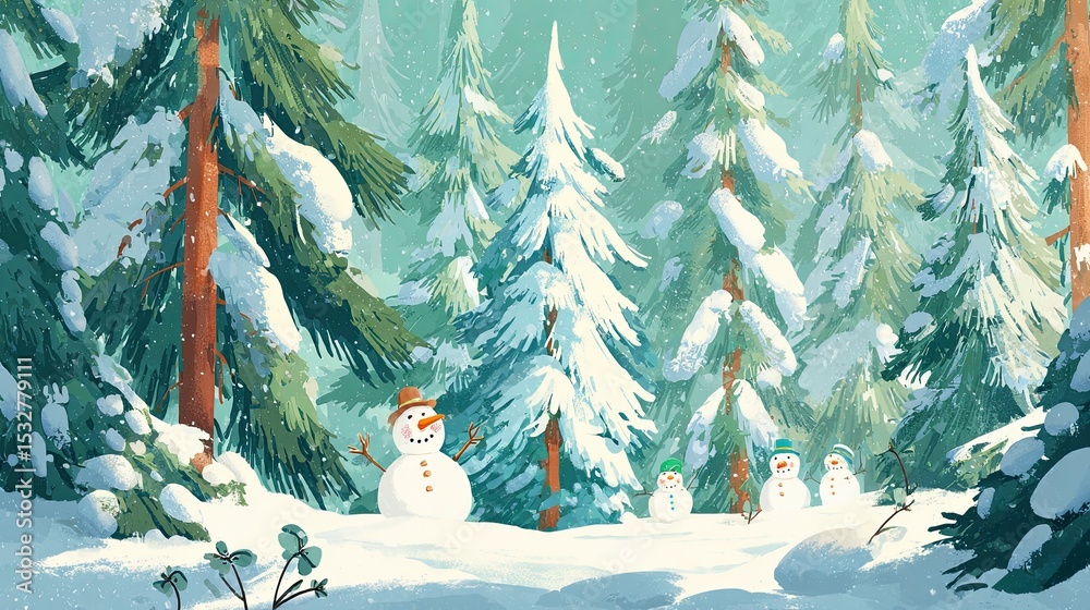 Fototapeta premium Winter wonderland scene featuring cheerful snowmen among tall evergreen trees, blanketed in fresh snow, creating a magical and festive atmosphere in a serene forest setting