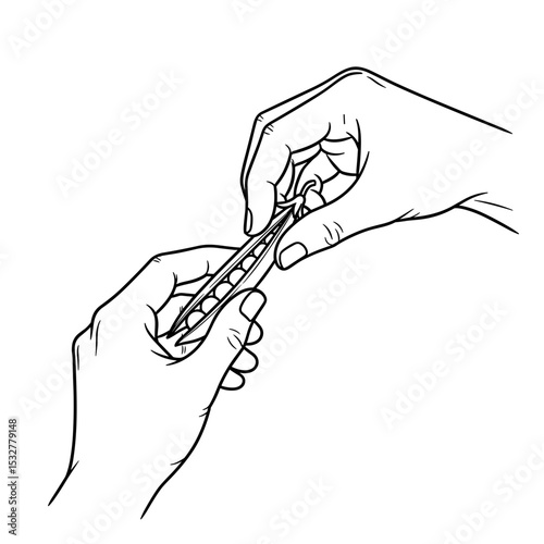 Hands peeling open a pod of peas, showcasing the fresh vegetables for cooking or snacking copy space