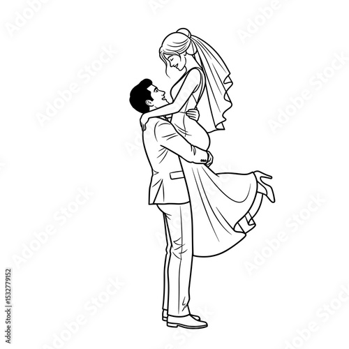 Bride and groom sharing a joyful moment, with the groom lifting the bride in his arms copy space