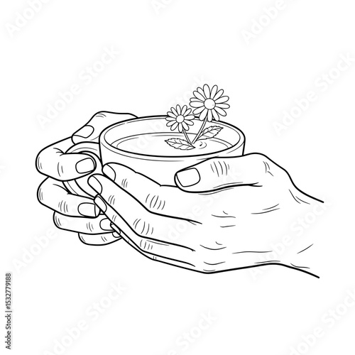 Hands holding a cup of herbal tea with flowers, symbolizing relaxation and tranquility 