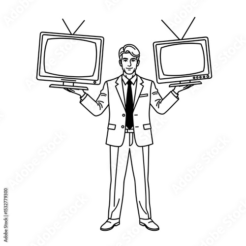 Businessman holding two televisions during Black Friday sales, promotional mood