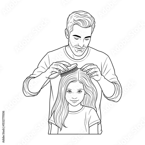 Father brushing daughter's hair gently, caring moment, indoors, happy mood