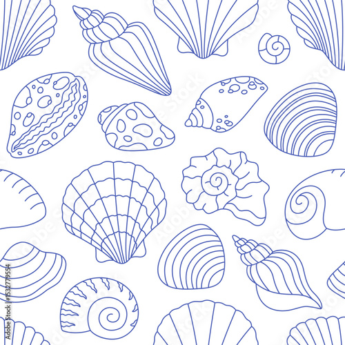 Seamless pattern with cute outline sea shells. Doodle print for banner, wallpaper, textile, wrapping paper, background, cards. Vector illustration in flat style