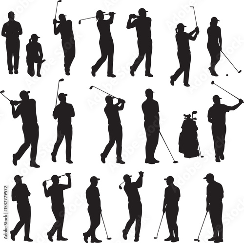 A comprehensive collection of diverse golf player silhouettes in various active poses with golf equipment and grassy elements vector
