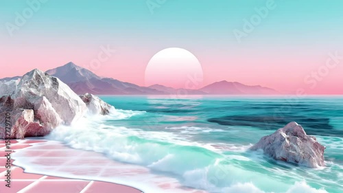 Abstract surreal alien seascape with turquoise waves crashing on rocks, pink tiled shore, pastel flowers and sun on horizon. Video for backgrounds, creative projects, digital art, advertising