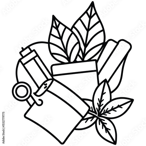 Minimalist Composition: A Tranquil Still Life Featuring a Clay Pot Bursting with Verdant Leaves, Accompanied by Rolled Sheets and a Whimsical Keychain, All Rendered in a Bold Outline Style