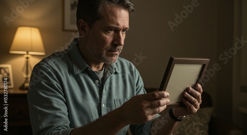 A man gazes somberly at a framed picture, his expression a mixture of nostalgia and reflection in a dimly lit room.