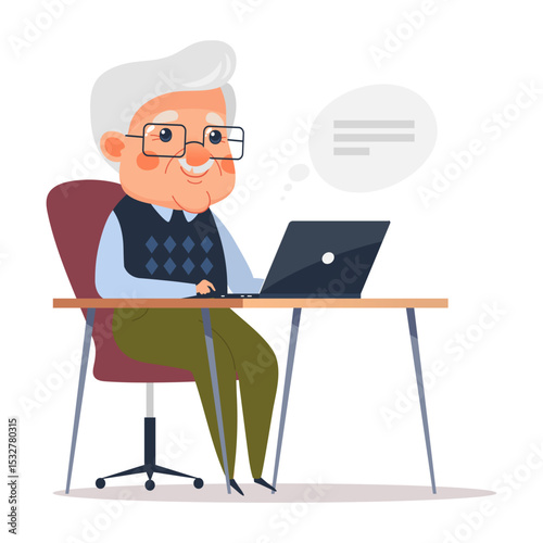 Smiling elderly man sitting at a desk and working on a laptop. Senior person with glasses and gray hair using computer, concept of active aging, online communication, or remote work for retirees