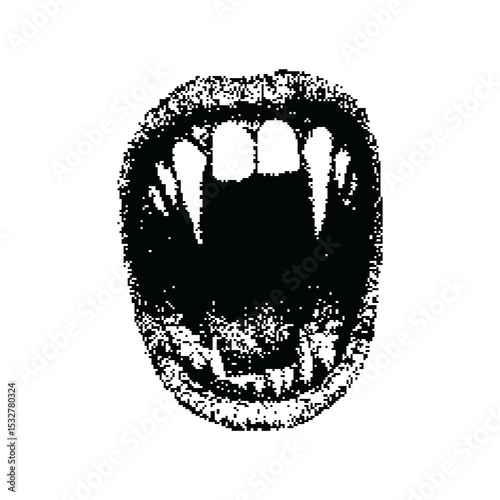 Vampire Mouth Pixel art PNG. The pixels are scattered, dissolve. Vector monochrome style. Abstract random squares, background. Template. Monochrome style. PNG. Dark concept