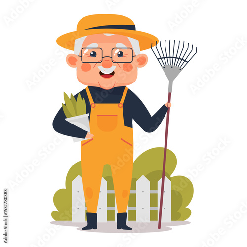 Smiling elderly man in gardening outfit holding a rake and potted plant. Senior gardener in overalls and hat standing outdoors. Vector flat cartoon illustration