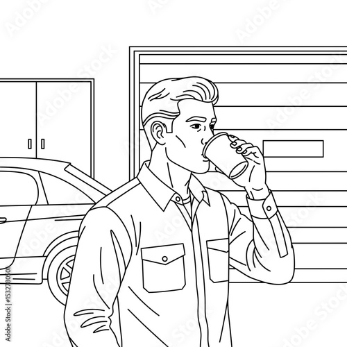 Man drinking coffee in a garage with a car in the background, relaxed mood