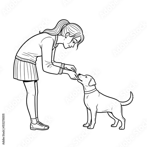 Girl training her dog by giving it a treat in a playful interaction
