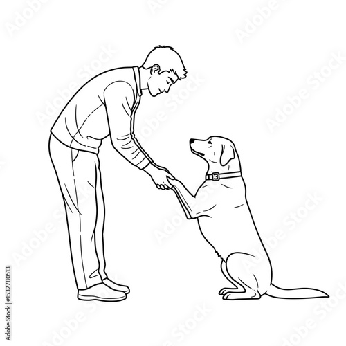 Man interacting with his dog, encouraging it to stand on its hind legs
