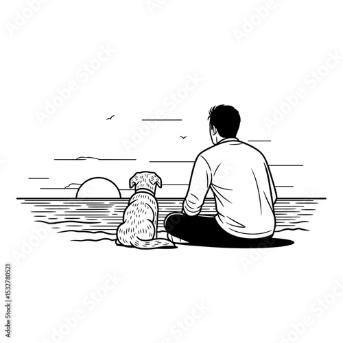 Man and his dog sitting by the beach, enjoying a peaceful sunset, companionship, 