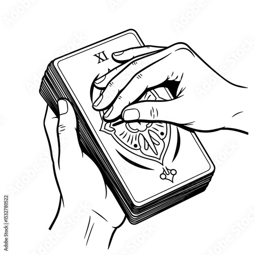 Hands shuffling a Tarot card deck, preparing for a reading, mystic practice, copy space