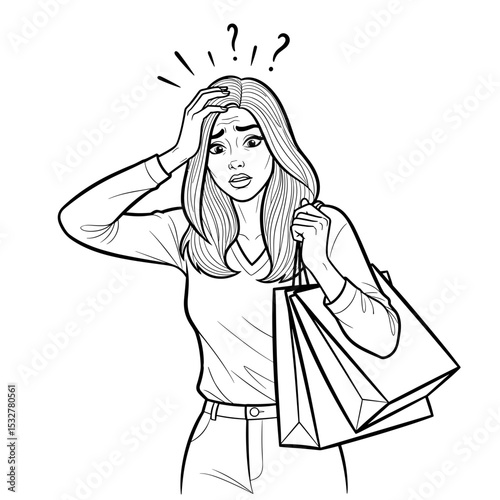 Confused woman holding shopping bags, feeling overwhelmed during Black Friday