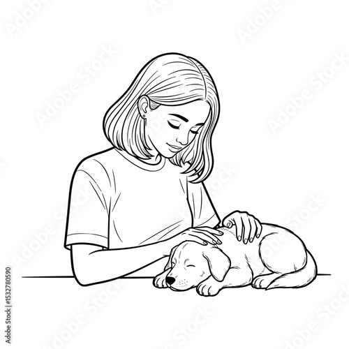 Girl gently petting a sleeping puppy, affectionate moment, companionship
