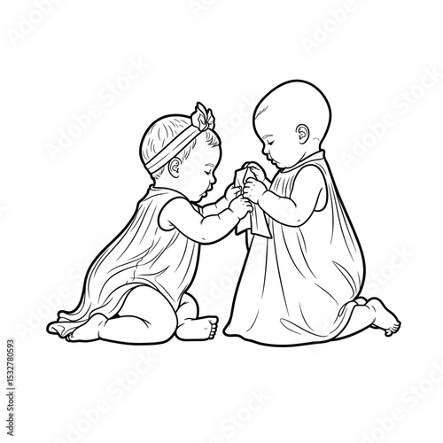 Two adorable babies playing together, sharing a cloth, joyful interaction
