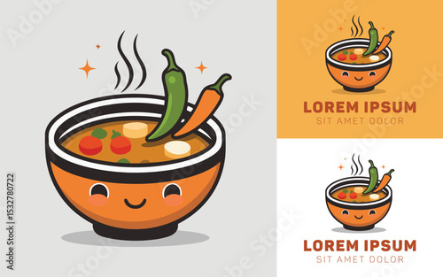 Hot Curry Soup Cartoon with Fire Tongue and Blushing Cheeks