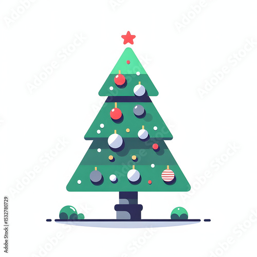 Christmas tree vector illustration with festive green pine decoration, star, and ball ornaments for holiday celebration