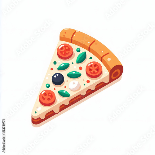 Slice of isolated Italian pepperoni pizza with cheese, tomato, and green on a white background