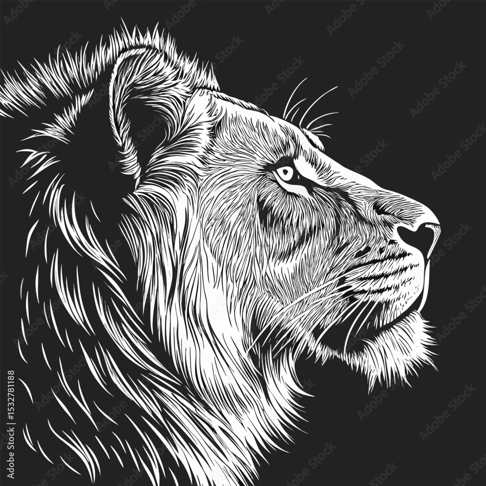 Obraz premium High-Contrast White Lion Head Profile Print on Black - Striking Engraved Wildlife Art