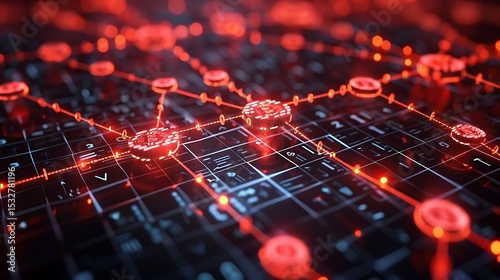 Blockchain technology visualization displaying smart contract network on digital grid with glowing red nodes and connections in a futuristic cyberspace environment viewed from above